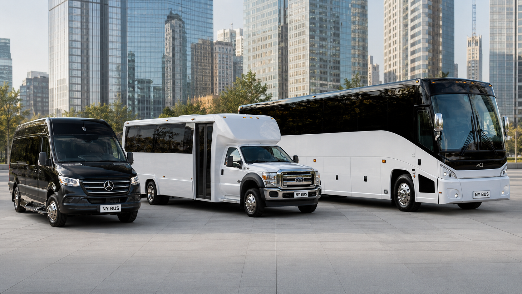 Three passenger buses of different sizes parked on a plaza with city skyscrapers in the background of a sunny day.