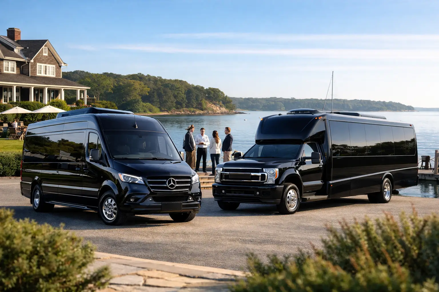 Two black passenger vans parked near a waterfront with a small group of people talking in the background by the water's edge.