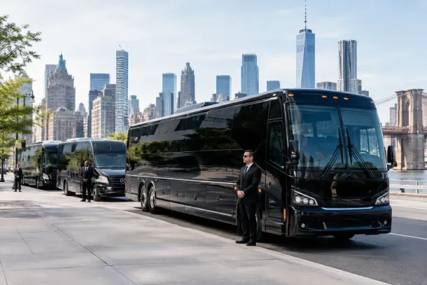 Black tour bus and two smaller vans parked along a city street; a suited guard stands nearby with a modern skyline in the background.