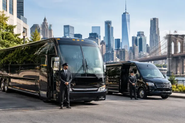 Two black luxury buses with uniformed drivers standing by on a city street, with the NYC skyline and Brooklyn Bridge in the background.