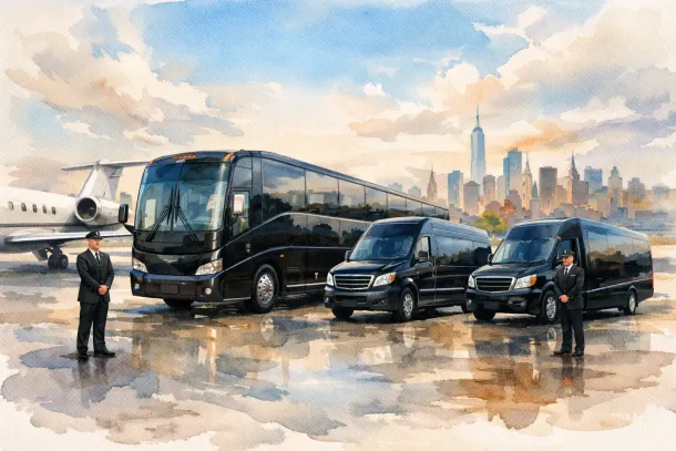 Airport shuttle fleet: a large black coach and two black vans with uniformed drivers on the tarmac, city skyline in the background.