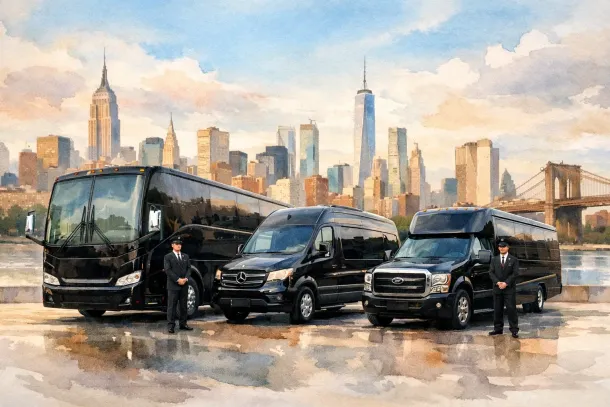 Three black passenger vans with two uniformed drivers posing in front, skyline and bridge in the background by the water.