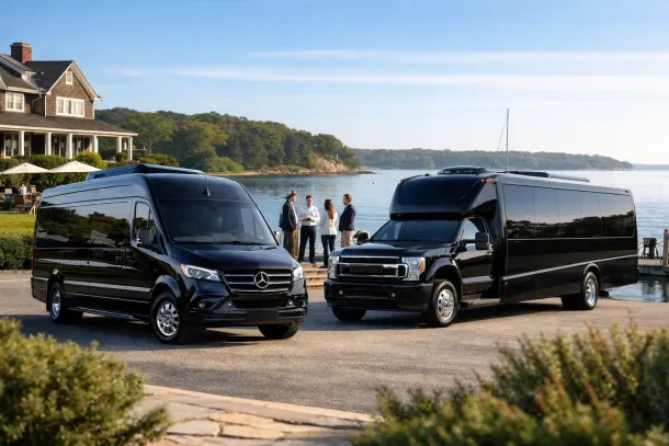 Two black passenger vans parked near a waterfront with a small group of people talking in the background by the water's edge.