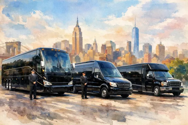 Black luxury buses and two uniformed guards stand parked in a city street with a watercolor skyline in the background, suggesting a corporate shuttle scene.