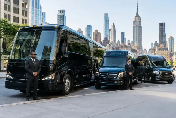 VIP security entourage with black luxury vehicles in a city avenue; suited guards stand beside the vans, city skyline in background