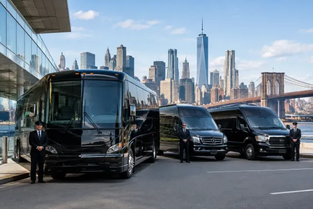Black luxury buses and vans with uniformly dressed drivers in front of a city skyline and Brooklyn Bridge in New York City, ready for a corporate shuttle.