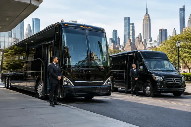 Two black luxury buses with chauffeured guards in suits parked on a city street with a skyline backdrop, suggesting premium transport service.